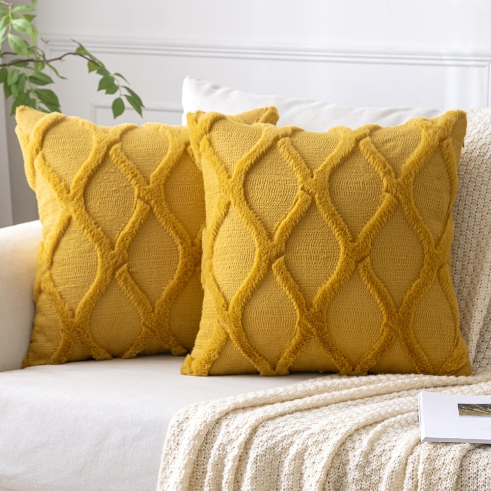 Decorative Throw‎ Pillow Covers Mustard Yellow 18x18 Inch Set of 2, Soft Plush